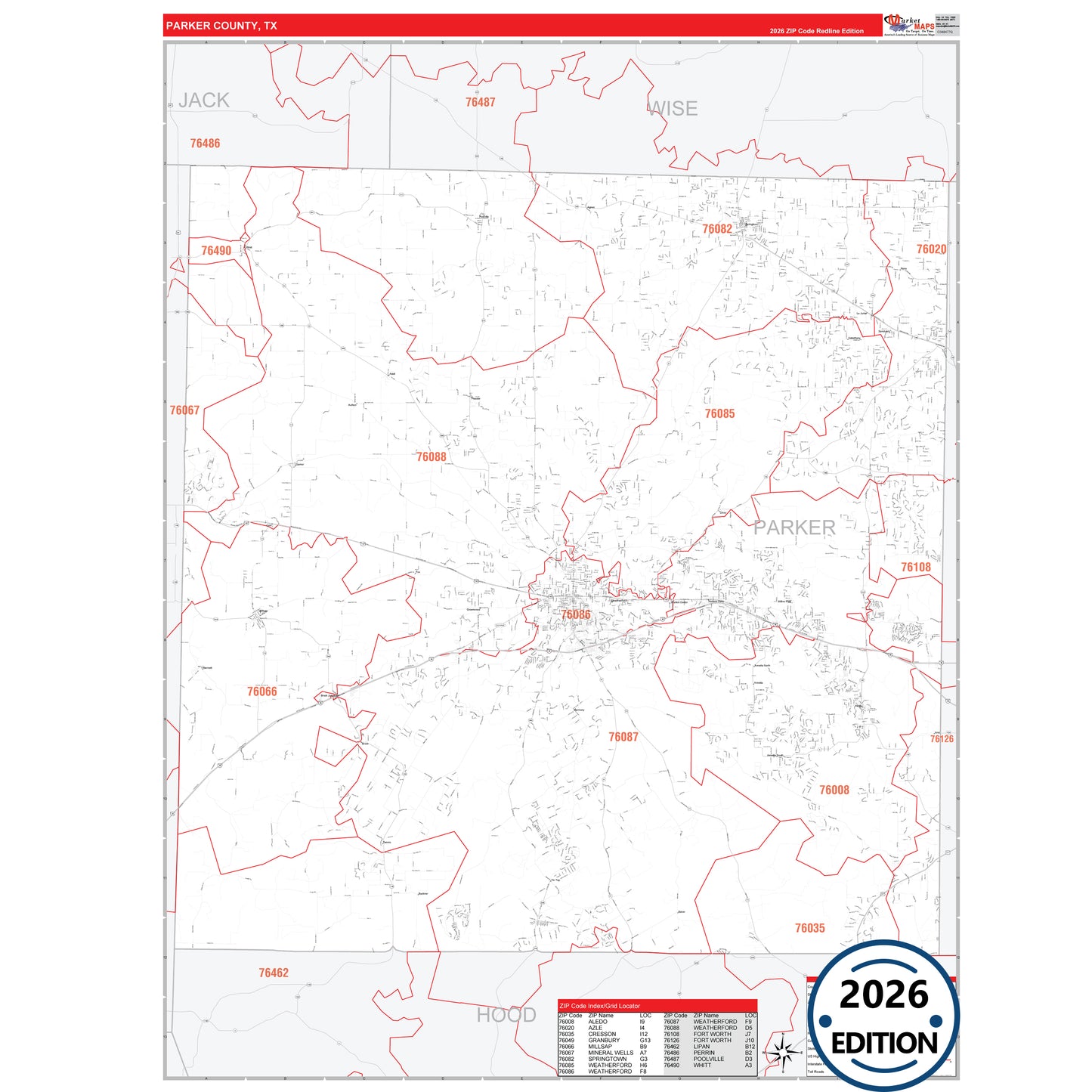 Parker County, TX Red Line 5 Digit ZIP Code Wall Map