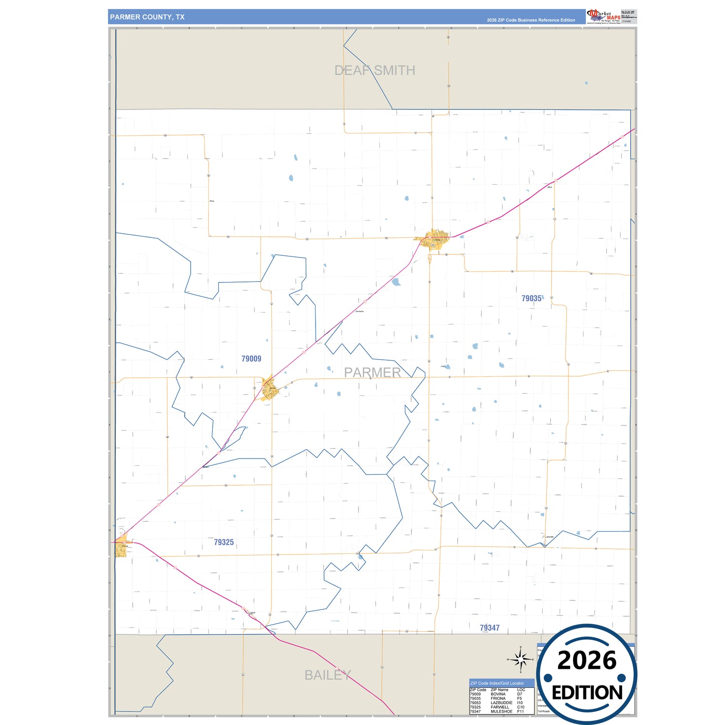 Parmer County, TX Business Reference 5 Digit ZIP Code Wall Map
