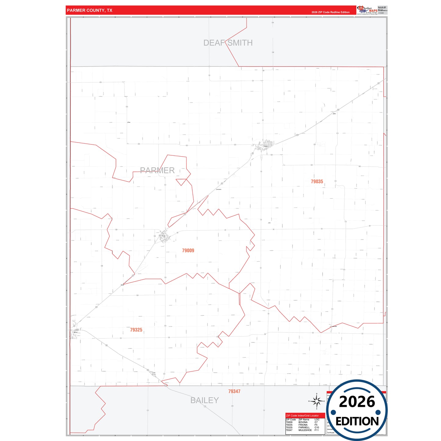 Parmer County, TX Red Line 5 Digit ZIP Code Wall Map