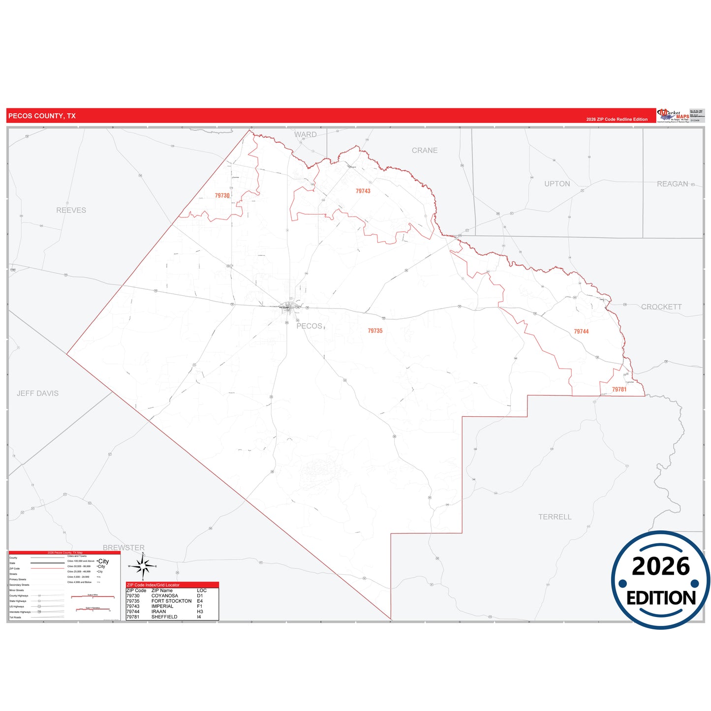 Pecos County, TX Red Line 5 Digit ZIP Code Wall Map