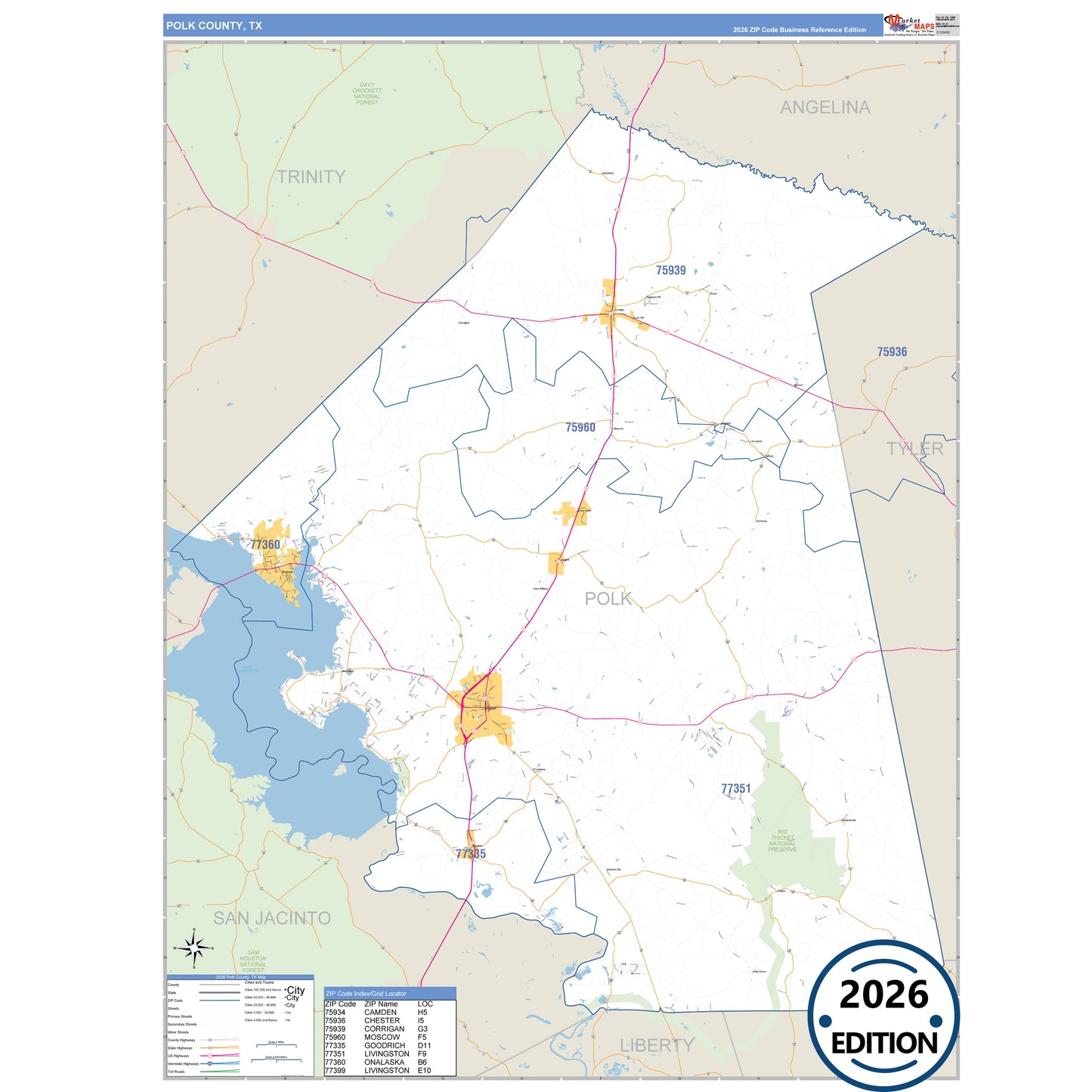Polk County, TX Business Reference 5 Digit ZIP Code Wall Map