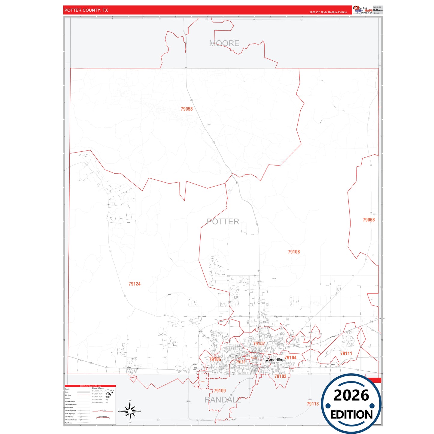 Potter County, TX Red Line 5 Digit ZIP Code Wall Map