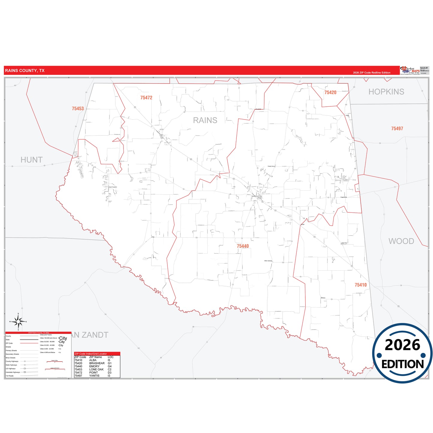 Rains County, TX Red Line 5 Digit ZIP Code Wall Map