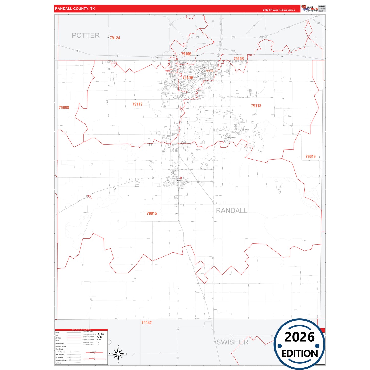 Randall County, TX Red Line 5 Digit ZIP Code Wall Map