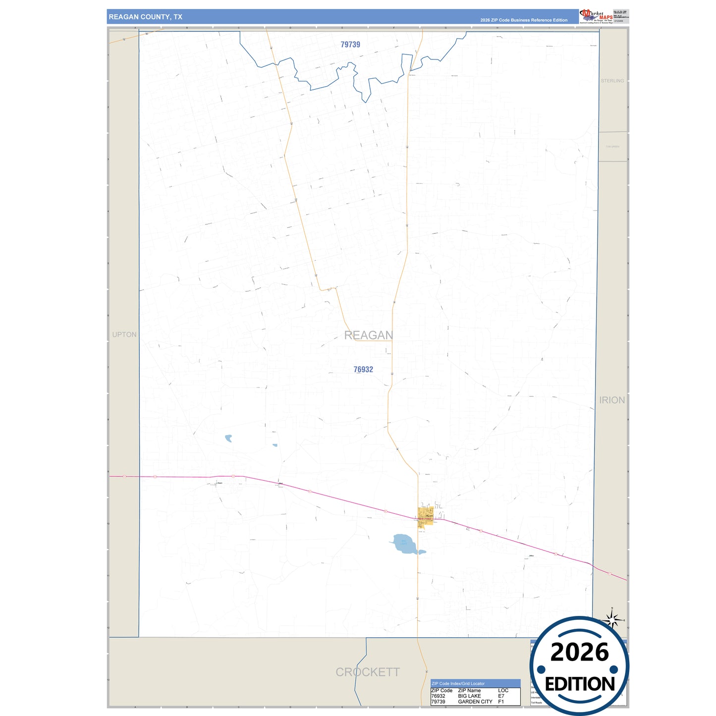 Reagan County, TX Business Reference 5 Digit ZIP Code Wall Map
