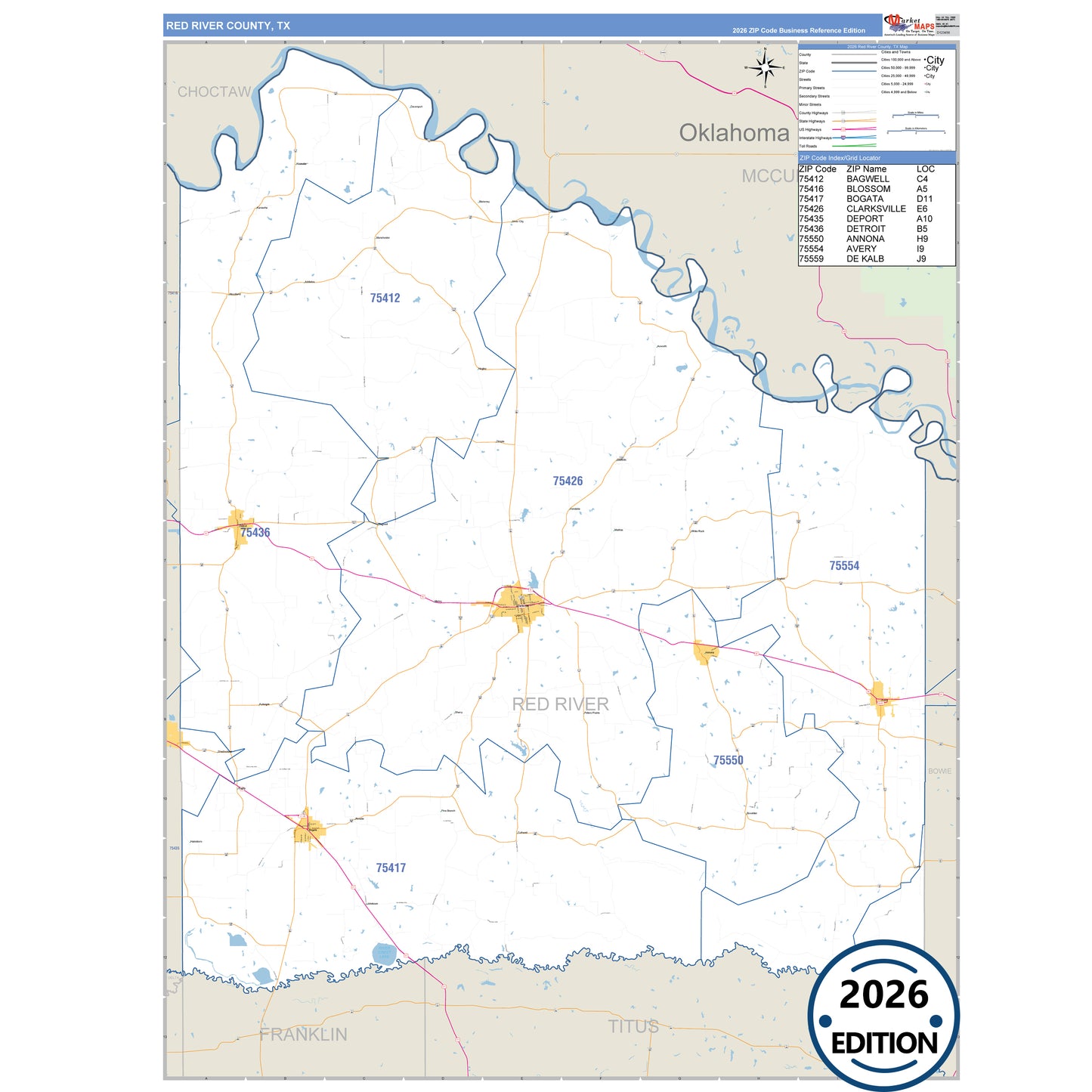 Red River County, TX Business Reference 5 Digit ZIP Code Wall Map