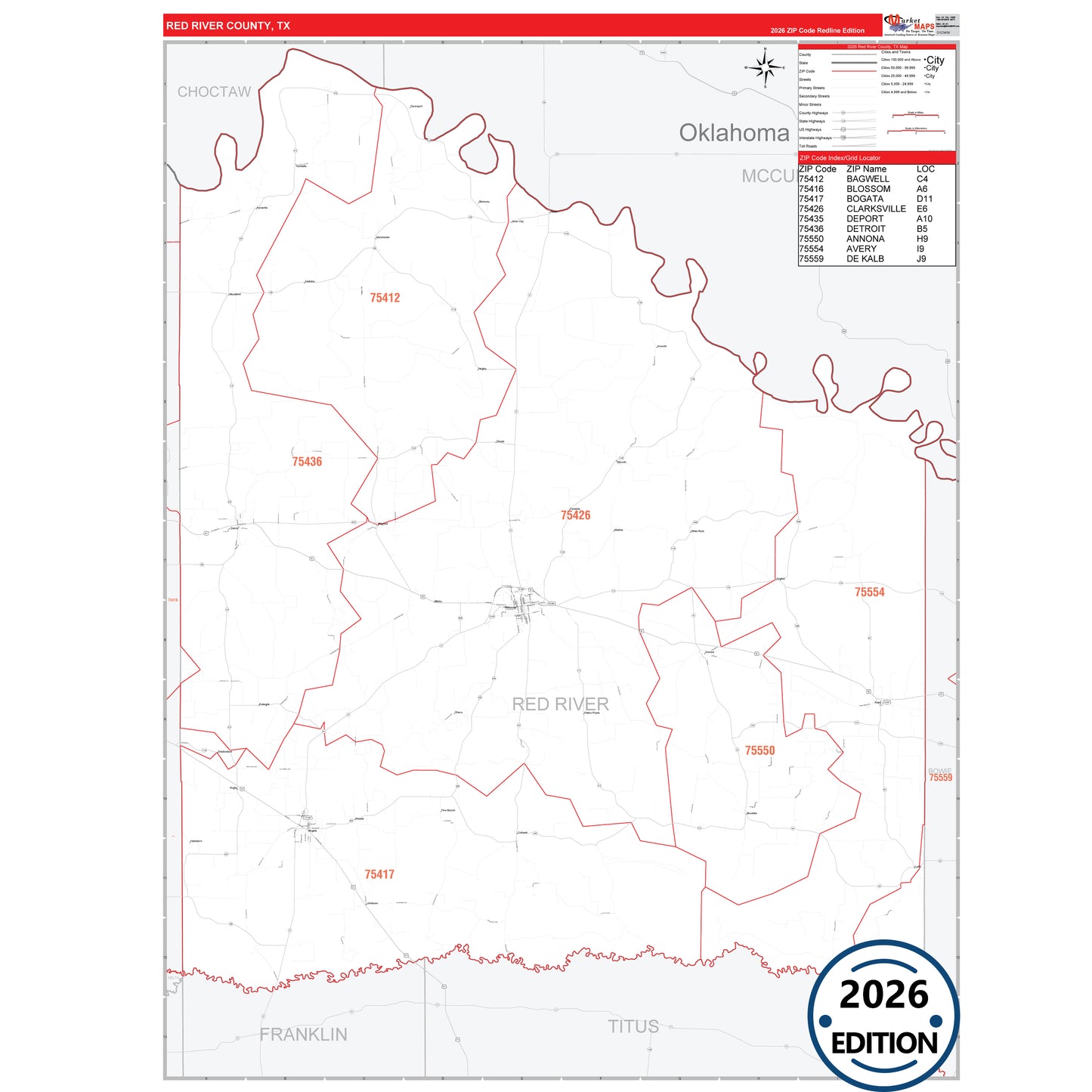 Red River County, TX Red Line 5 Digit ZIP Code Wall Map
