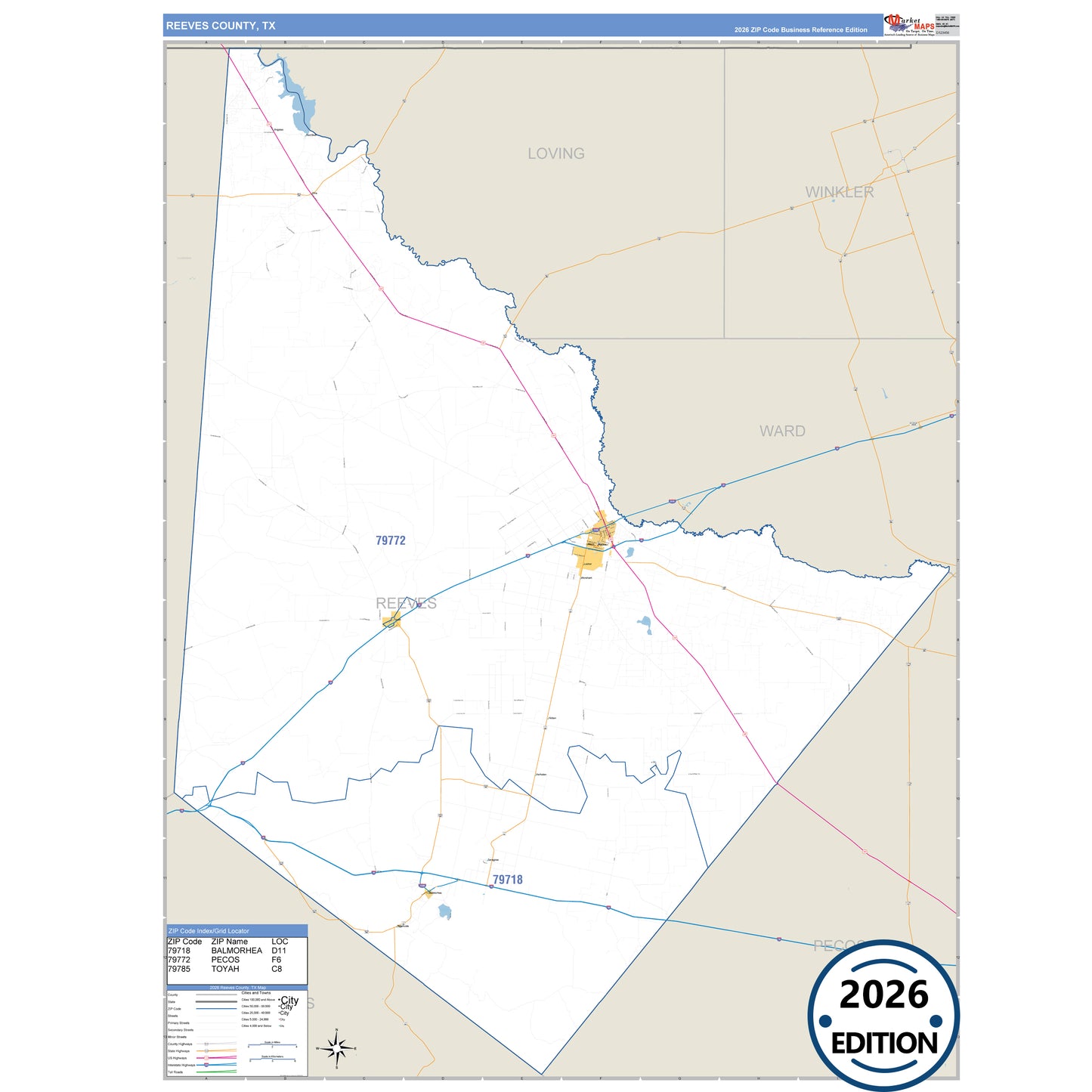 Reeves County, TX Business Reference 5 Digit ZIP Code Wall Map