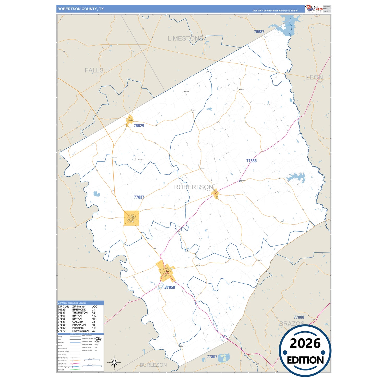 Robertson County, TX Business Reference 5 Digit ZIP Code Wall Map