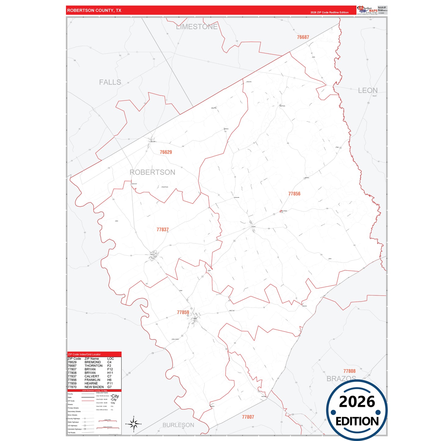 Robertson County, TX Red Line 5 Digit ZIP Code Wall Map