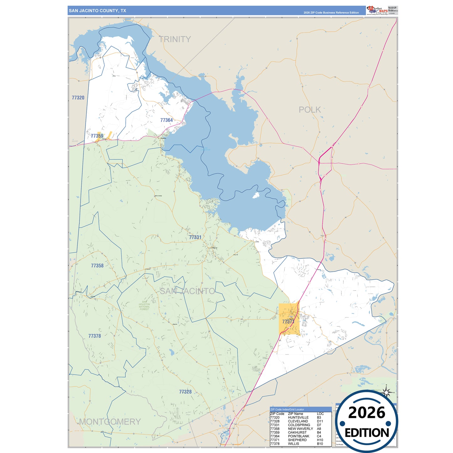 San Jacinto County, TX Business Reference 5 Digit ZIP Code Wall Map
