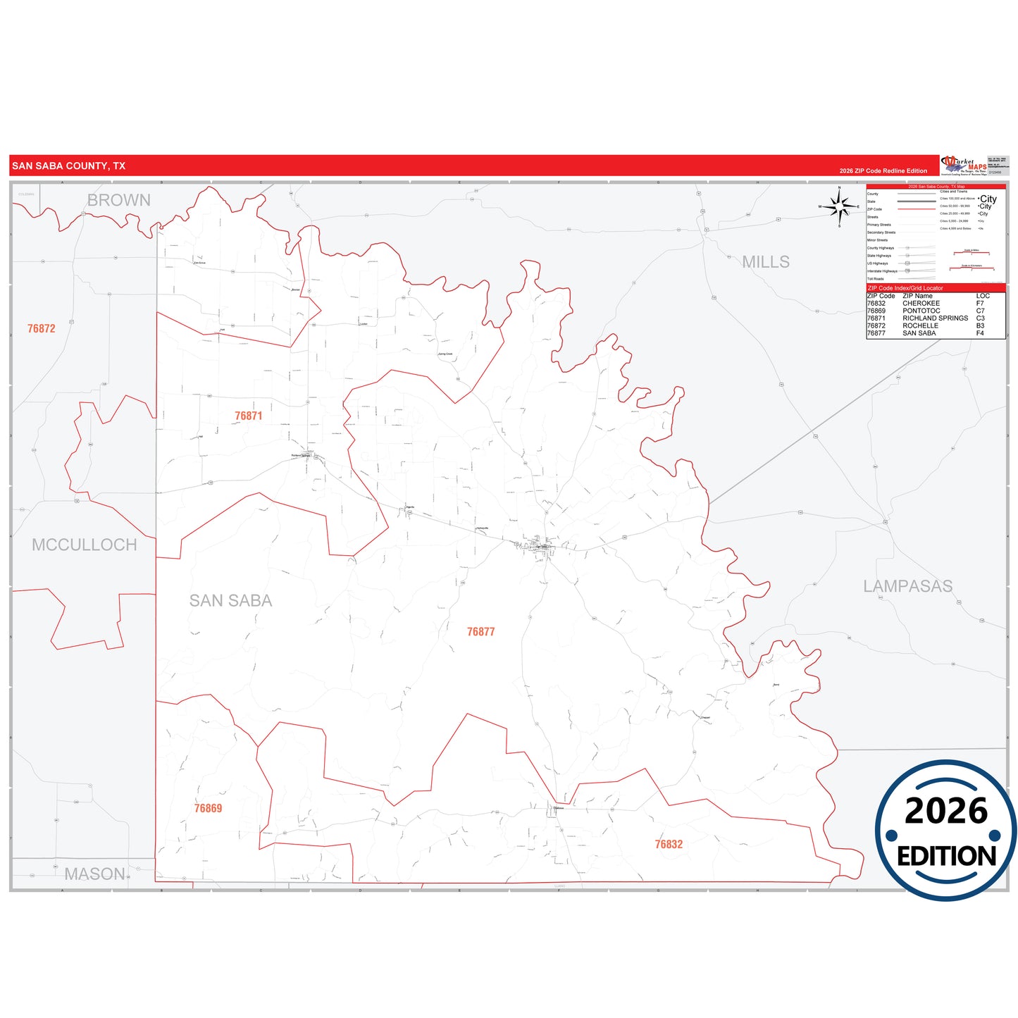 San Saba County, TX Red Line 5 Digit ZIP Code Wall Map