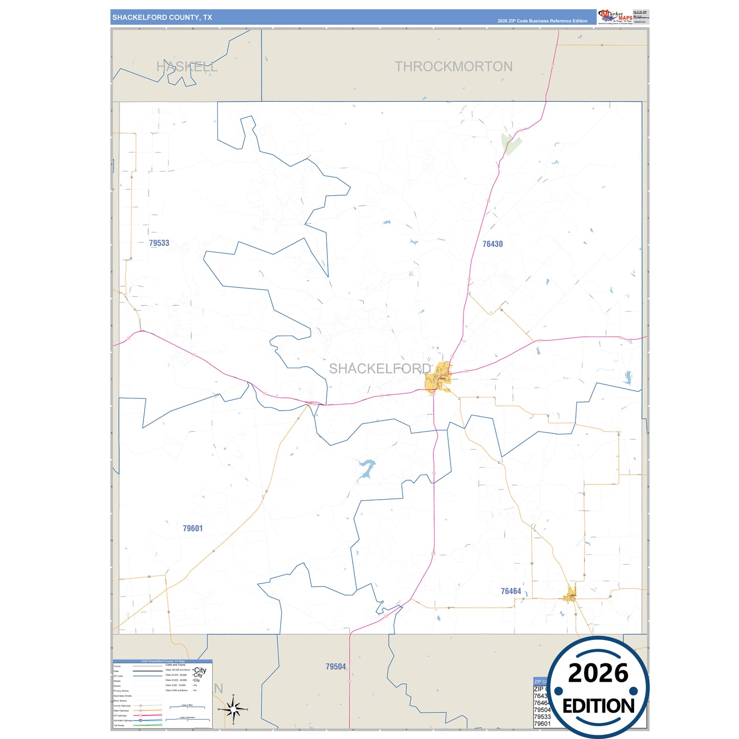 Shackelford County, TX Business Reference 5 Digit ZIP Code Wall Map