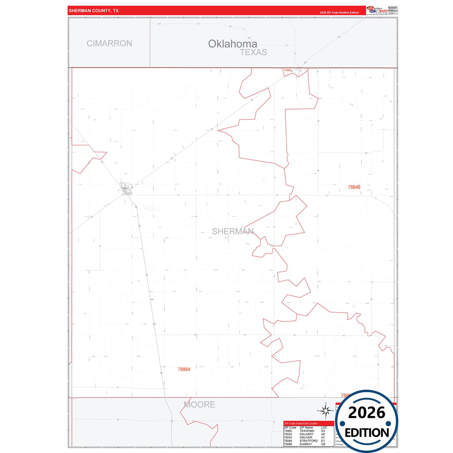 Sherman County, TX Red Line 5 Digit ZIP Code Wall Map