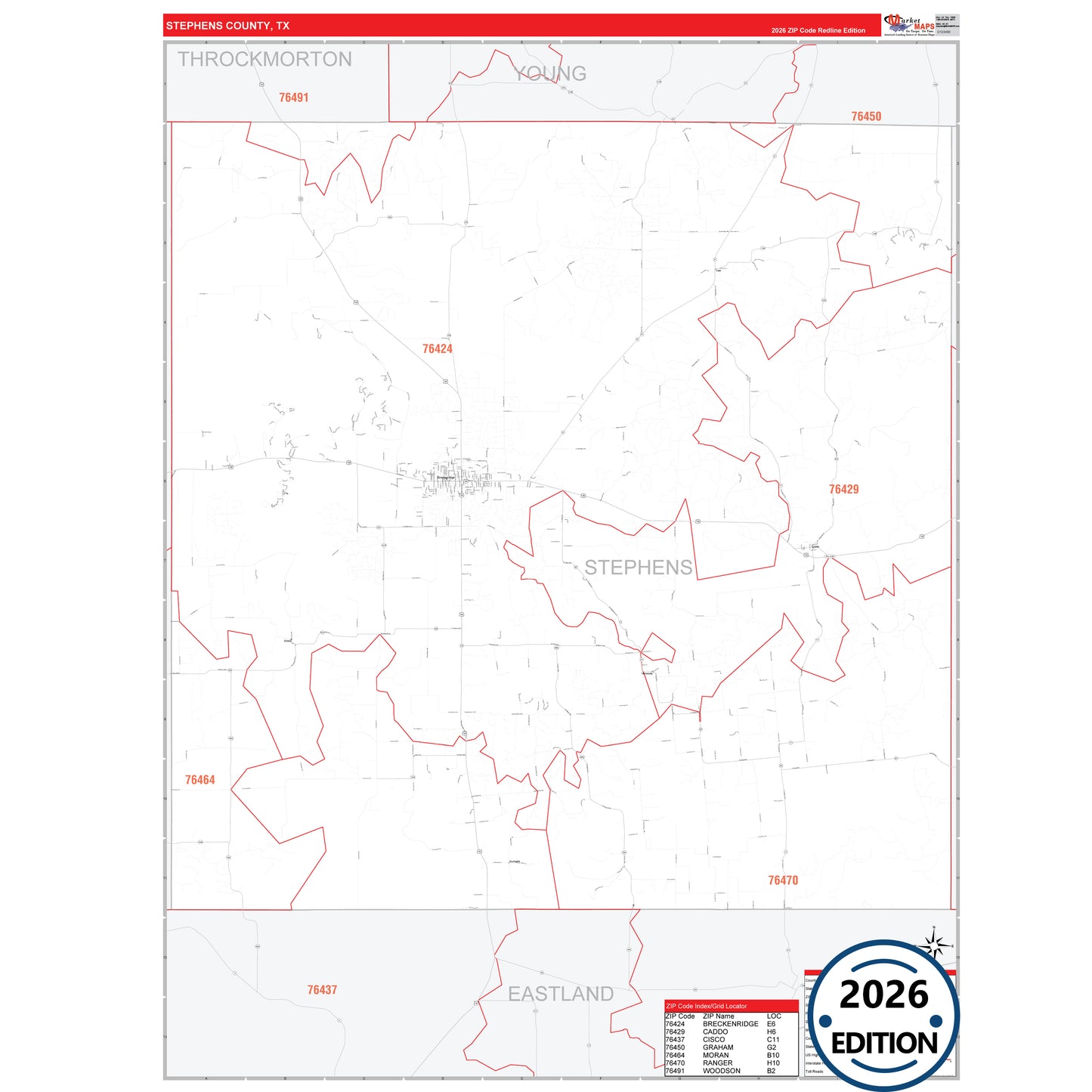 Stephens County, TX Red Line 5 Digit ZIP Code Wall Map