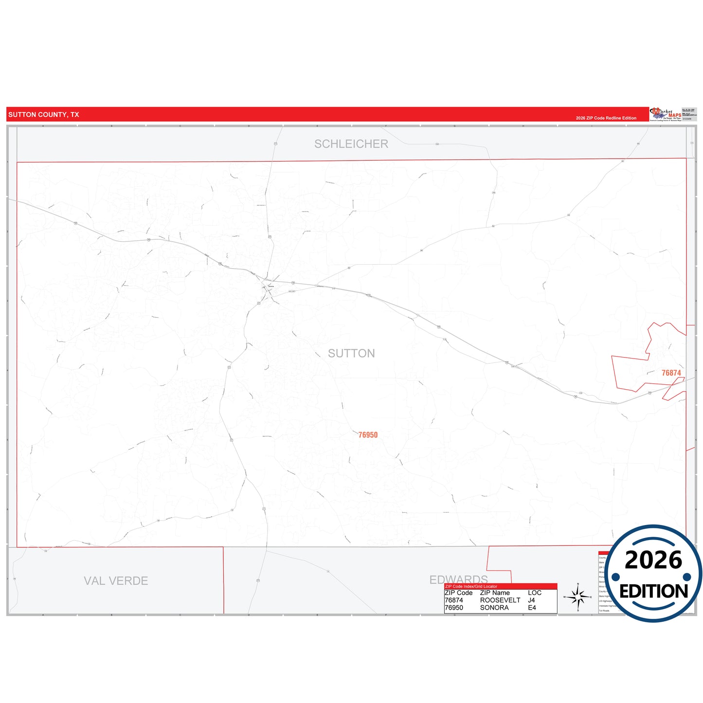 Sutton County, TX Red Line 5 Digit ZIP Code Wall Map