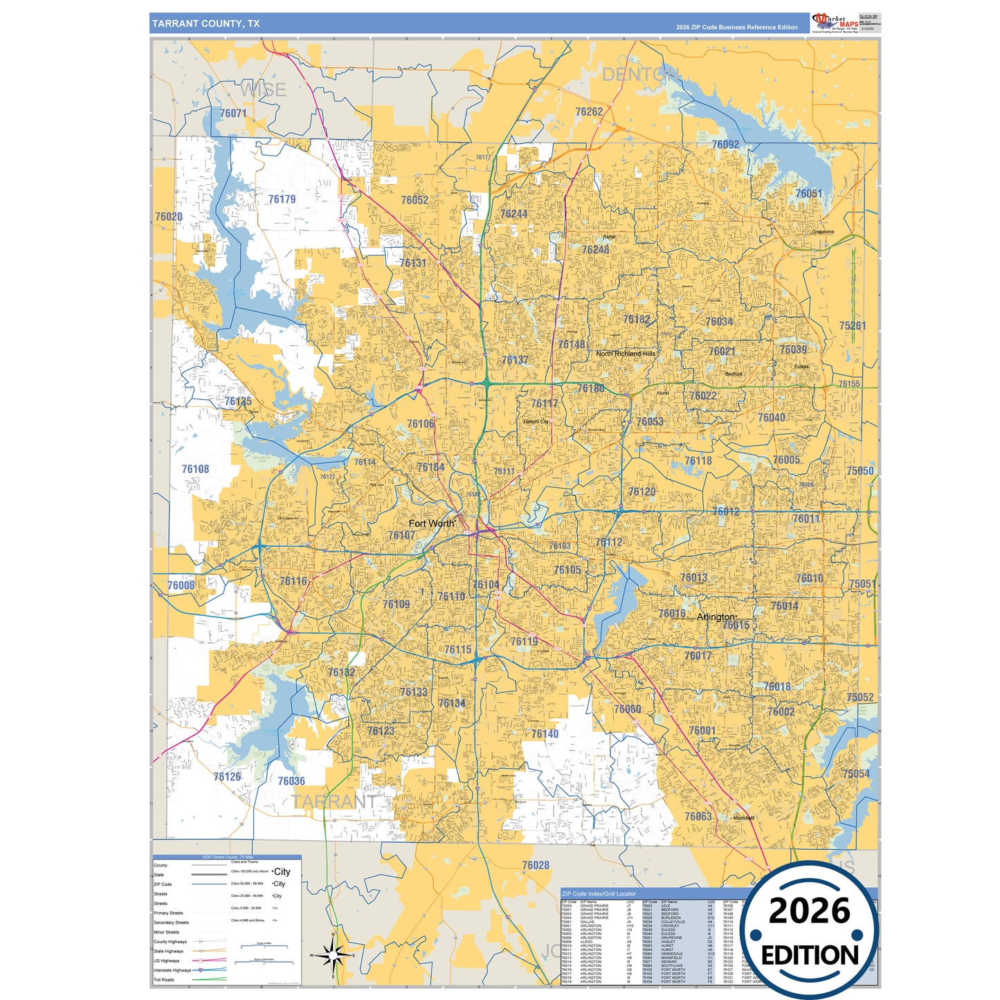 Tarrant County, TX Business Reference 5 Digit ZIP Code Wall Map