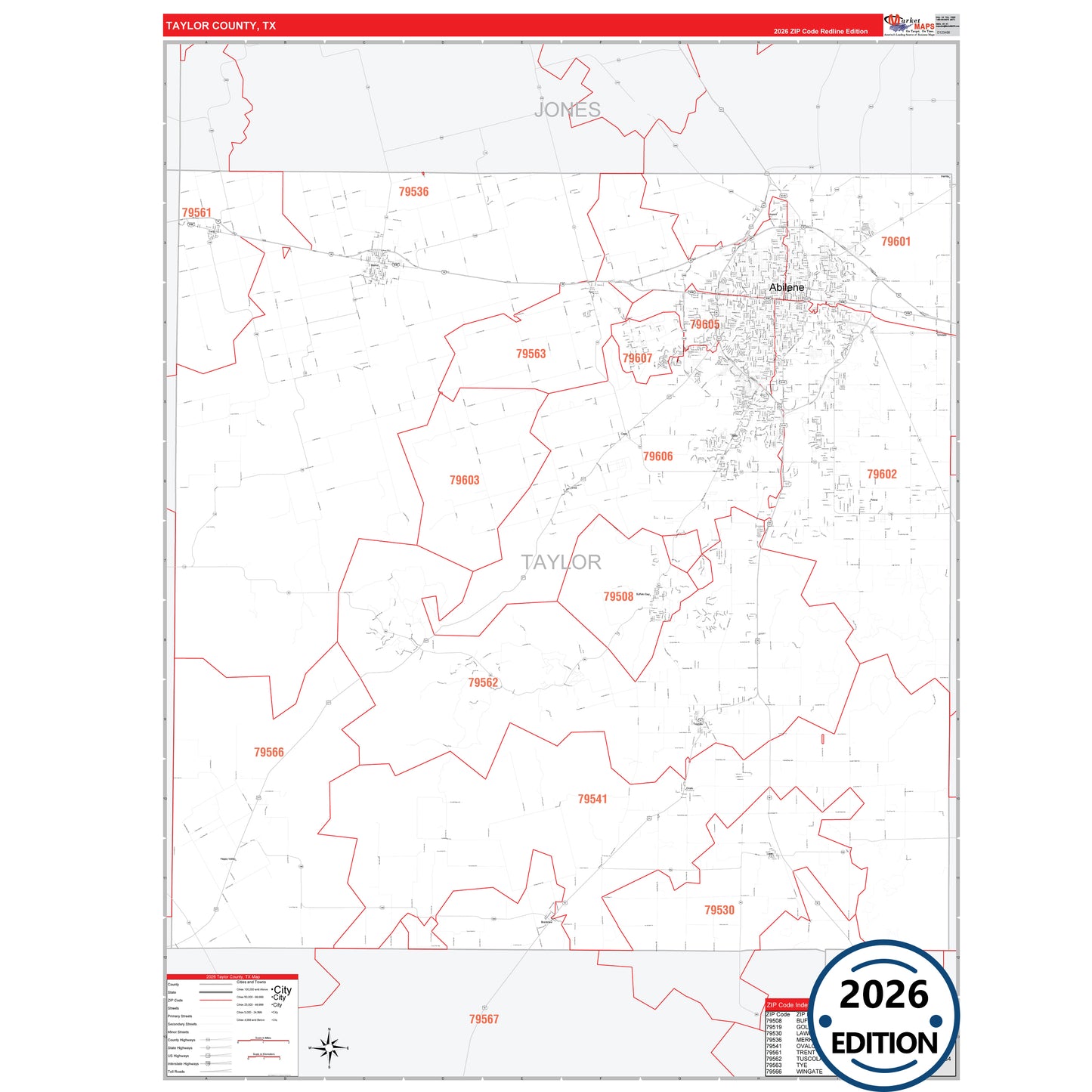 Taylor County, TX Red Line 5 Digit ZIP Code Wall Map