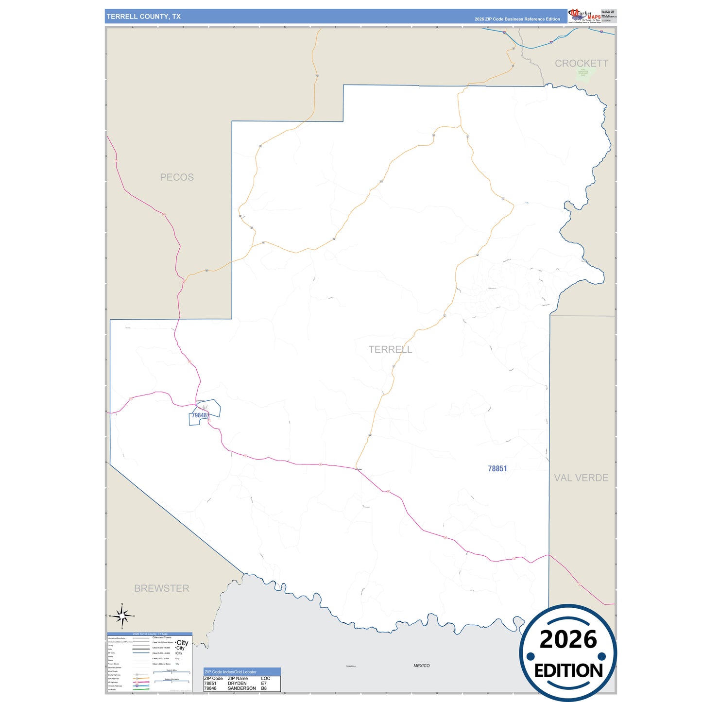 Terrell County, TX Business Reference 5 Digit ZIP Code Wall Map