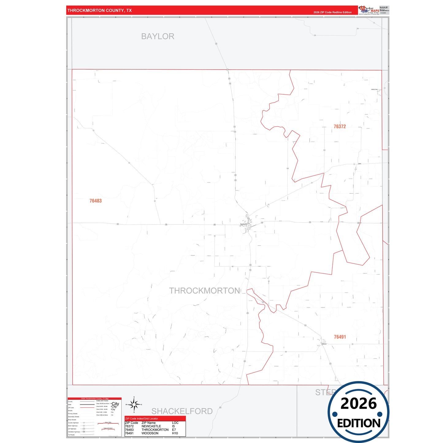 Throckmorton County, TX Red Line 5 Digit ZIP Code Wall Map