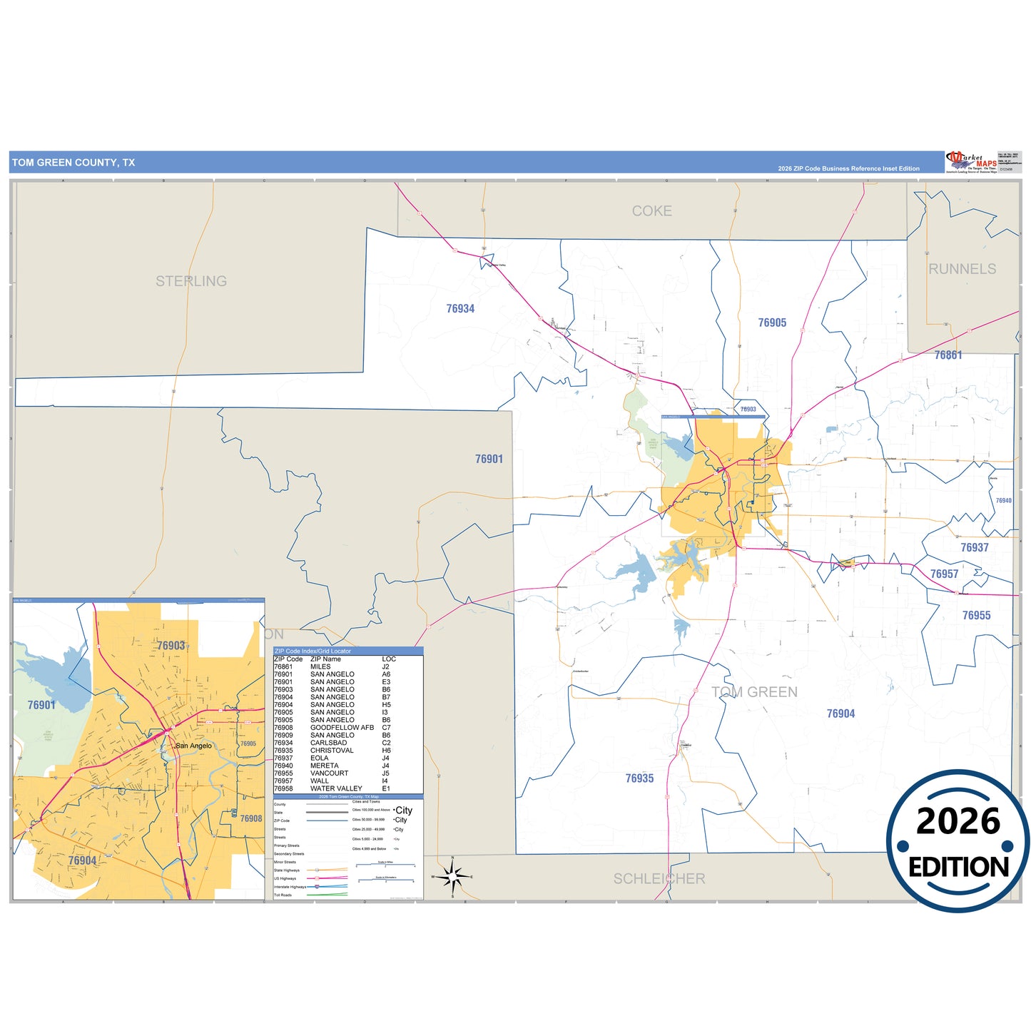 Tom Green County, TX Business Reference 5 Digit ZIP Code Wall Map