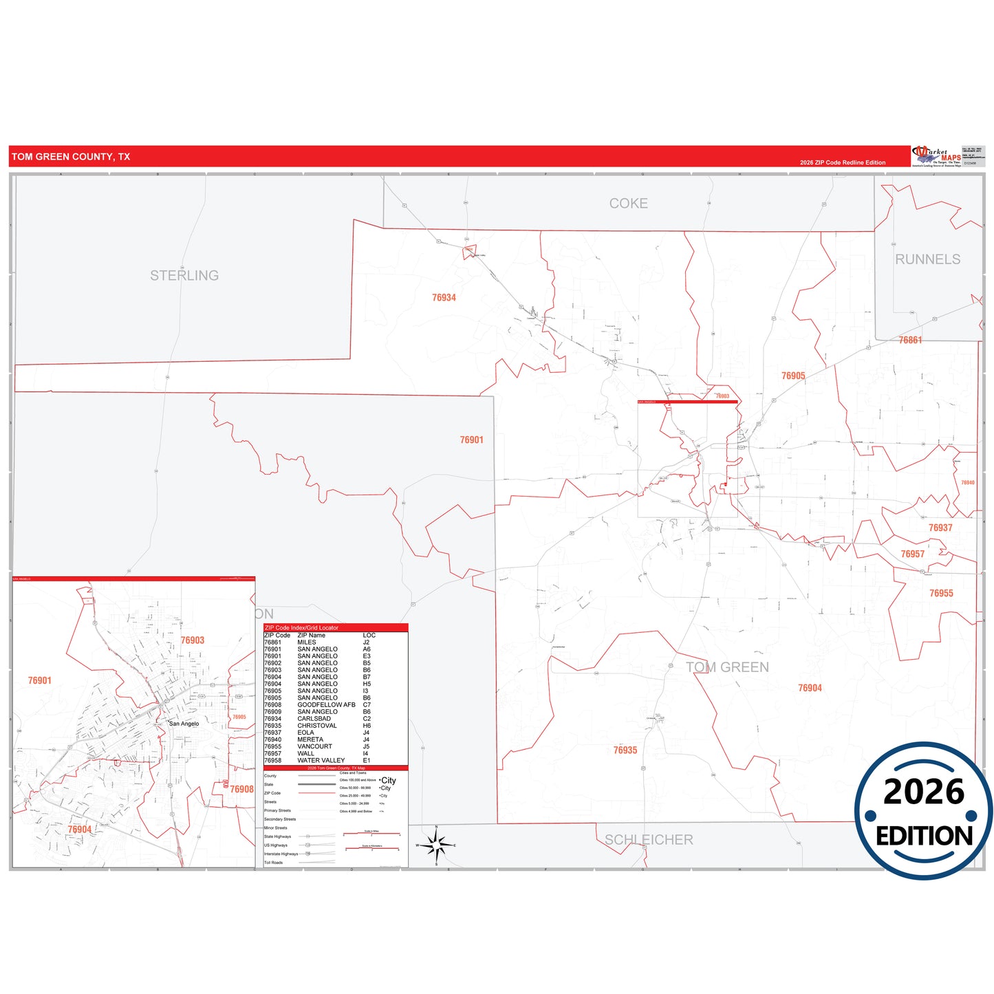 Tom Green County, TX Red Line 5 Digit ZIP Code Wall Map