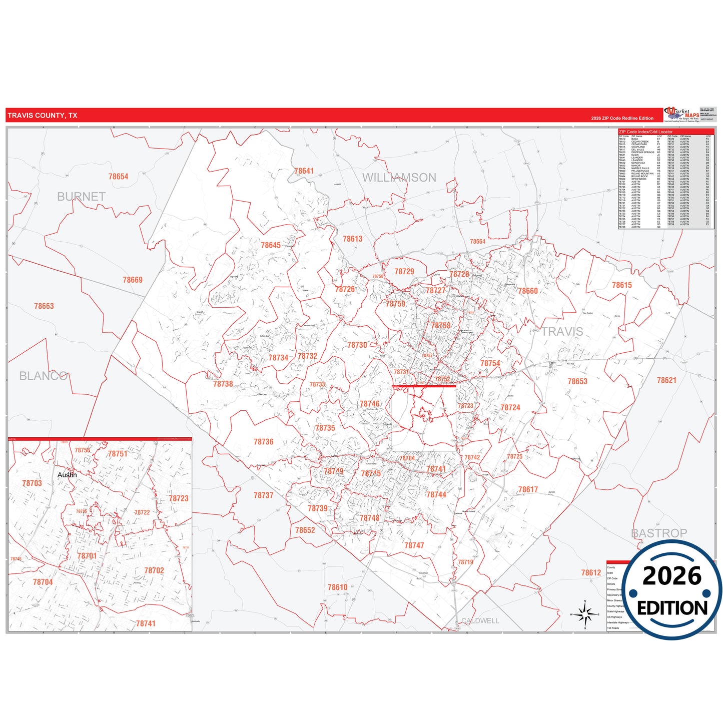 Travis County, TX Red Line 5 Digit ZIP Code Wall Map