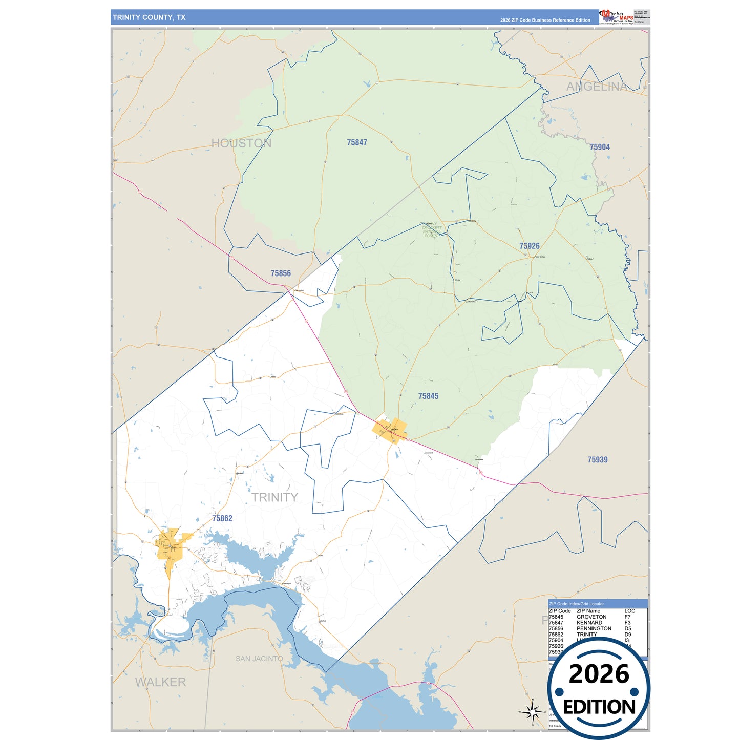 Trinity County, TX Business Reference 5 Digit ZIP Code Wall Map