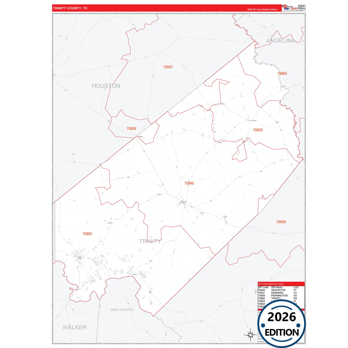 Trinity County, TX Red Line 5 Digit ZIP Code Wall Map
