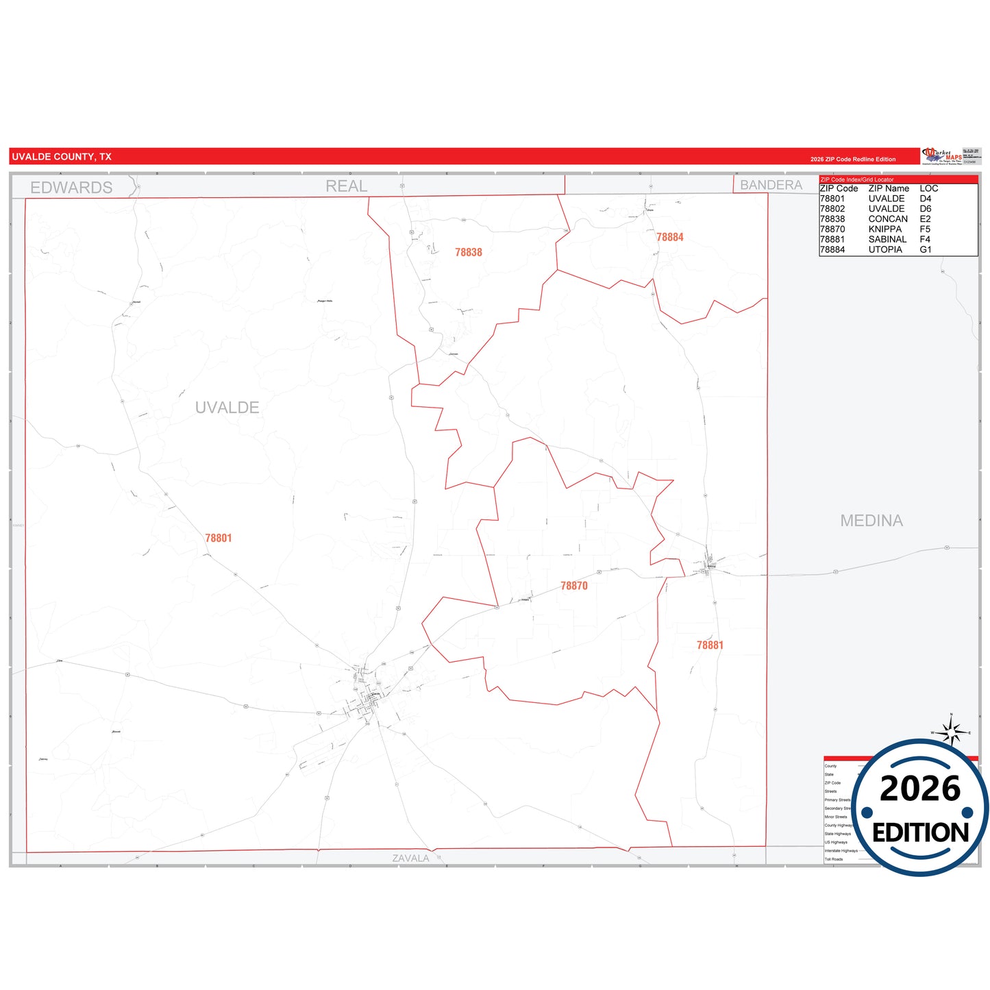 Uvalde County, TX Red Line 5 Digit ZIP Code Wall Map