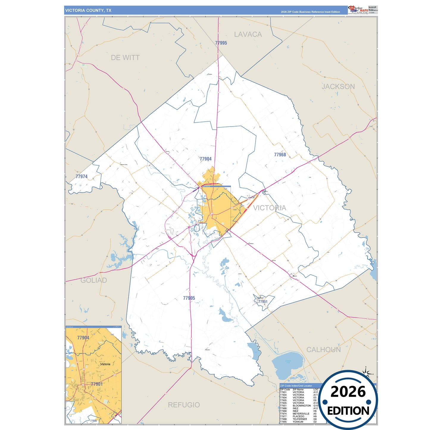 Victoria County, TX Business Reference 5 Digit ZIP Code Wall Map