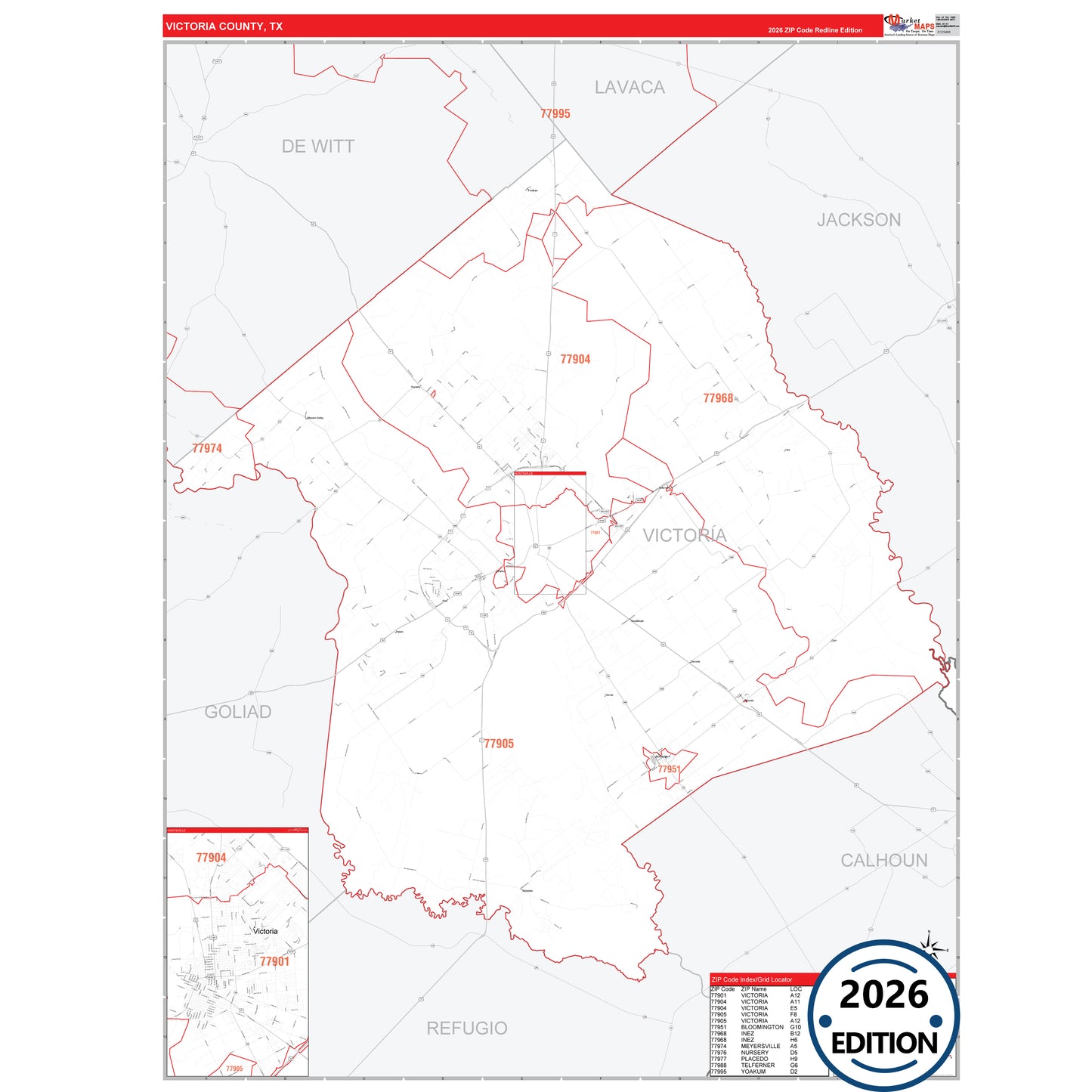 Victoria County, TX Red Line 5 Digit ZIP Code Wall Map