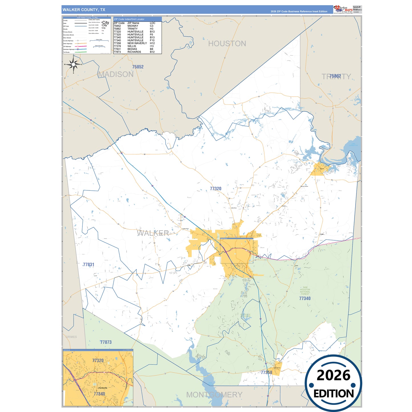Walker County, TX Business Reference 5 Digit ZIP Code Wall Map
