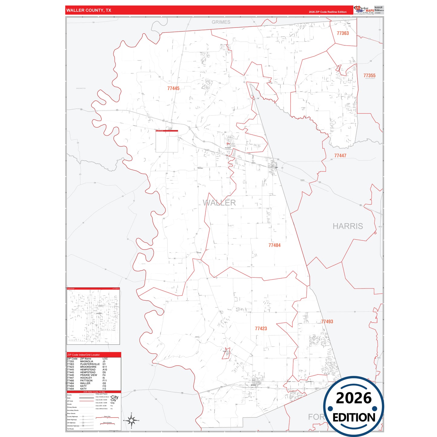 Waller County, TX Red Line 5 Digit ZIP Code Wall Map