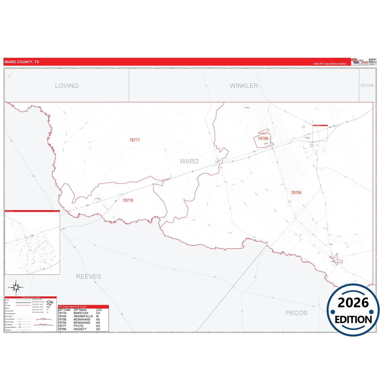 Ward County, TX Red Line 5 Digit ZIP Code Wall Map