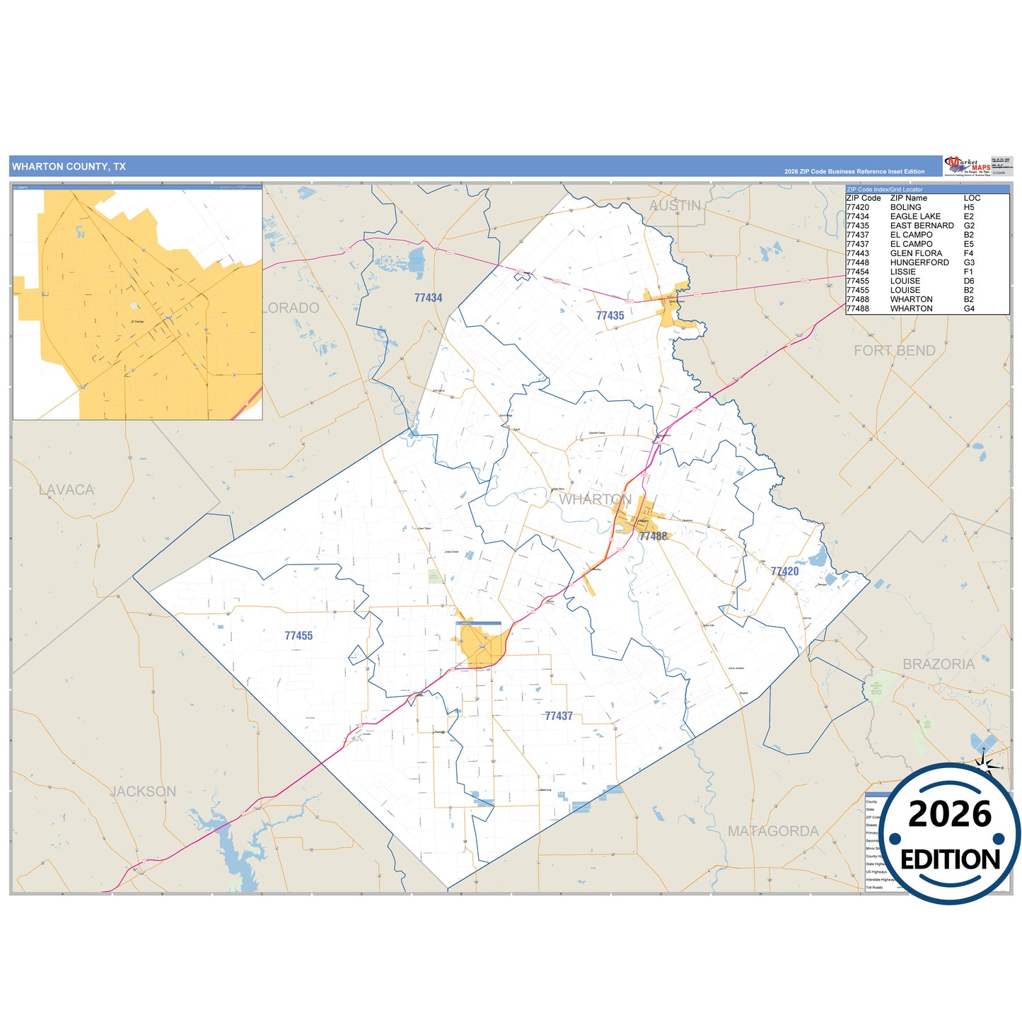 Wharton County, TX Business Reference 5 Digit ZIP Code Wall Map