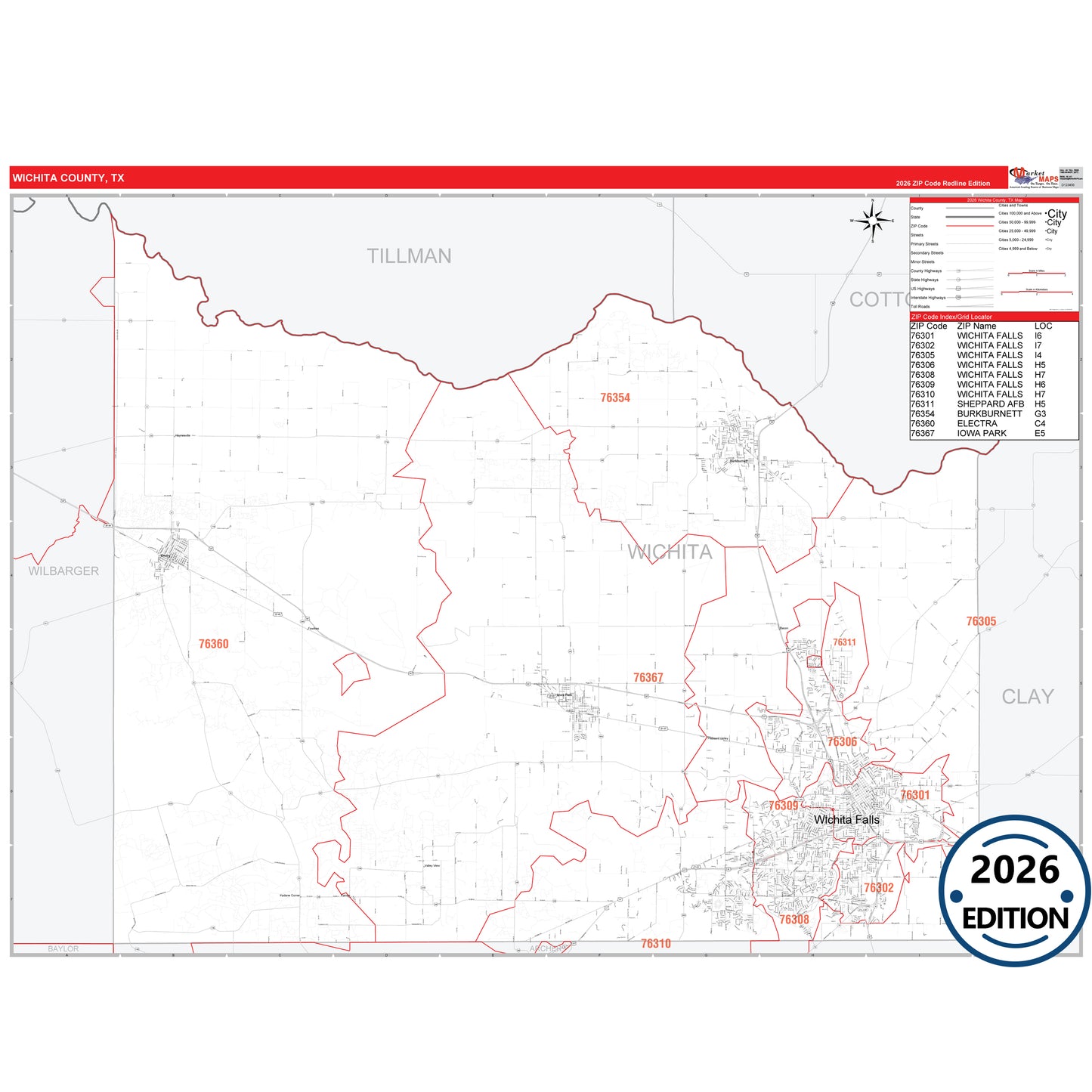Wichita County, TX Red Line 5 Digit ZIP Code Wall Map