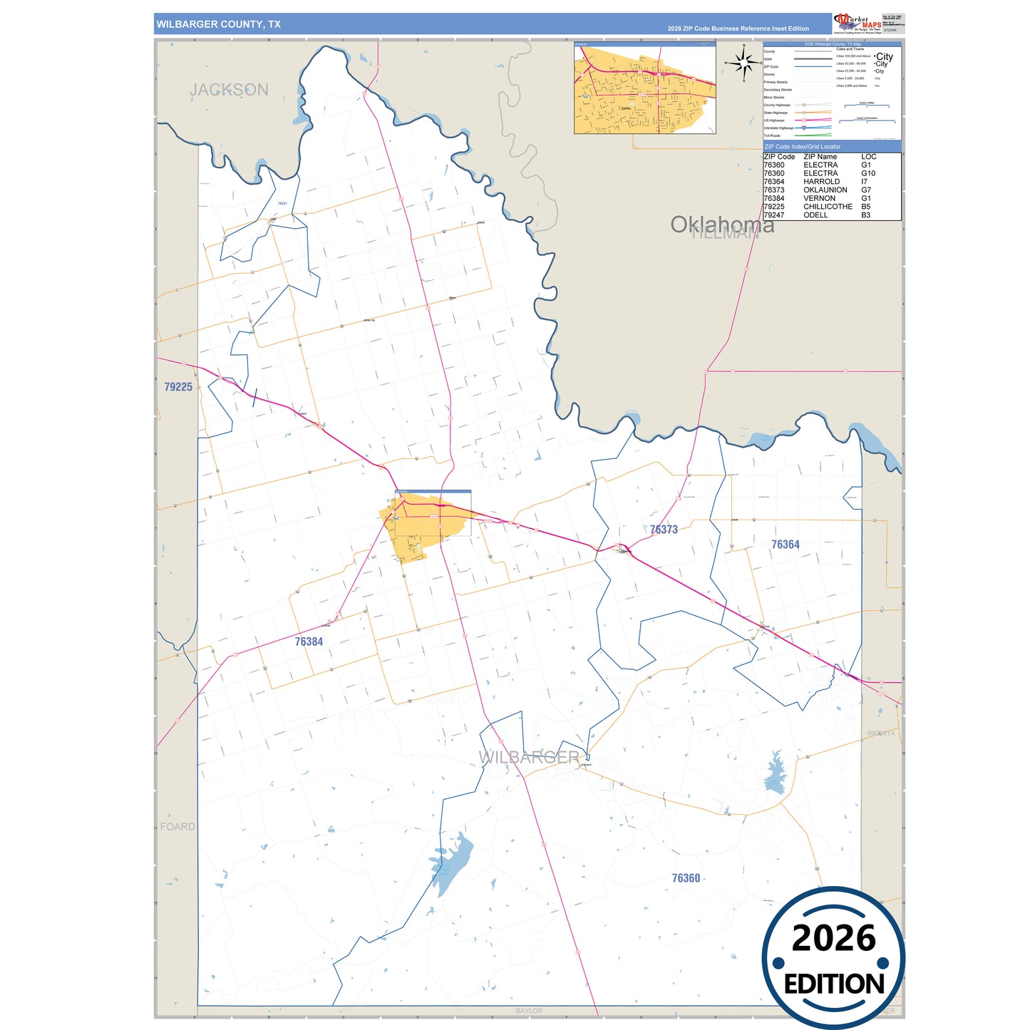Wilbarger County, TX Business Reference 5 Digit ZIP Code Wall Map