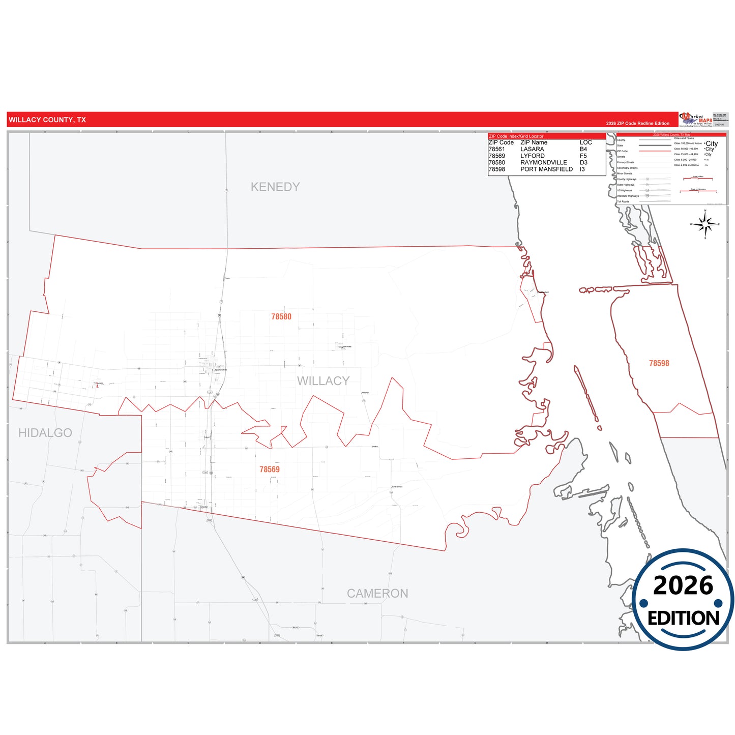 Willacy County, TX Red Line 5 Digit ZIP Code Wall Map