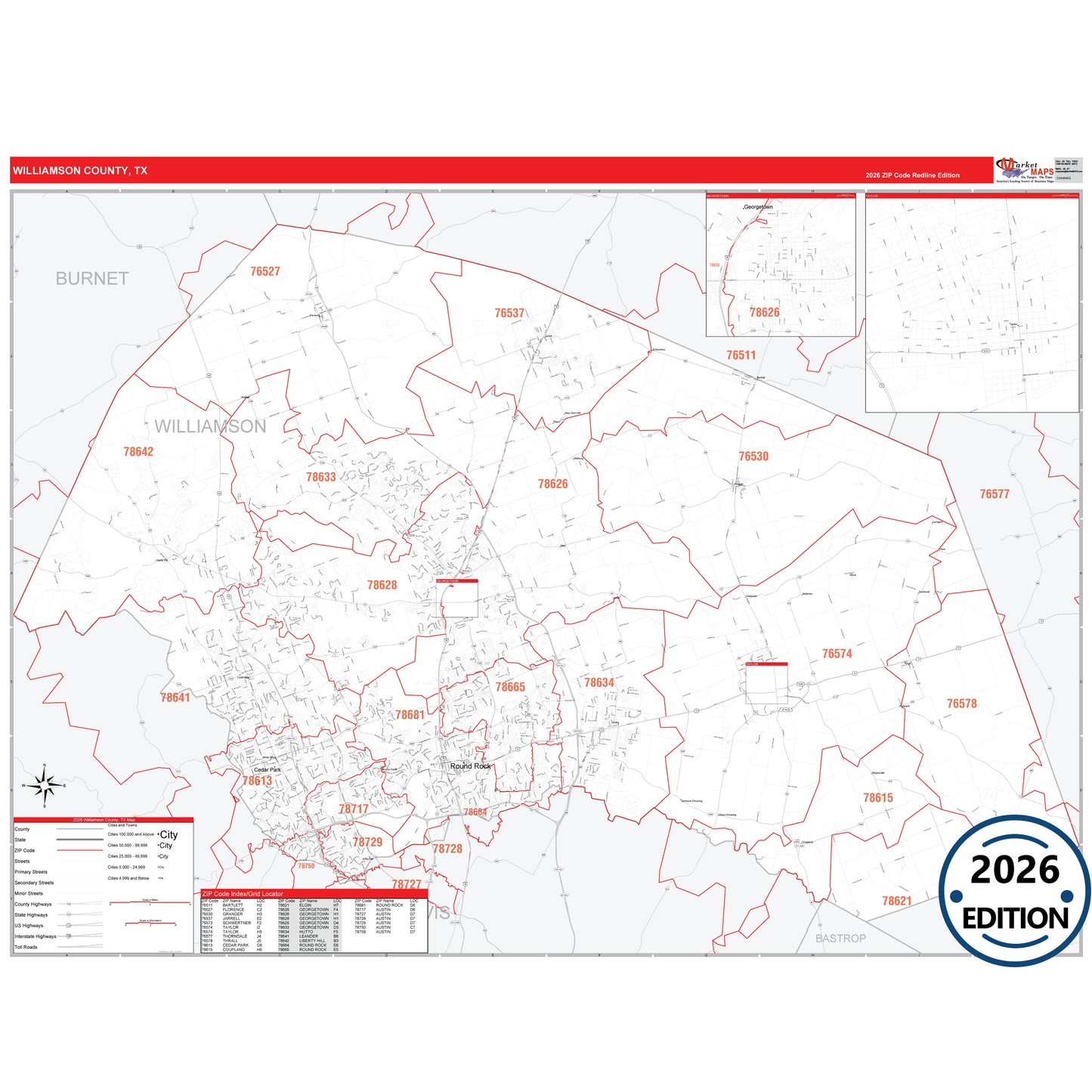 Williamson County, TX Red Line 5 Digit ZIP Code Wall Map