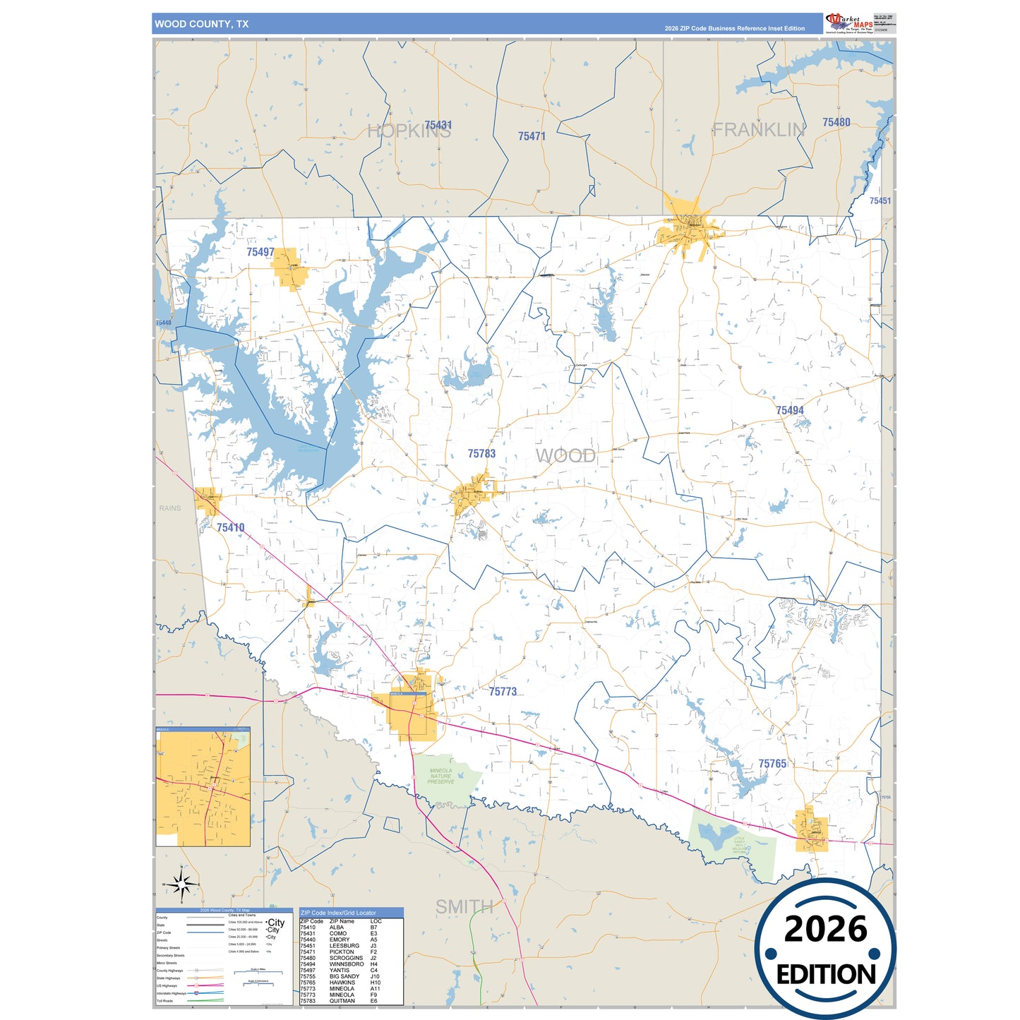 Wood County, TX Business Reference 5 Digit ZIP Code Wall Map