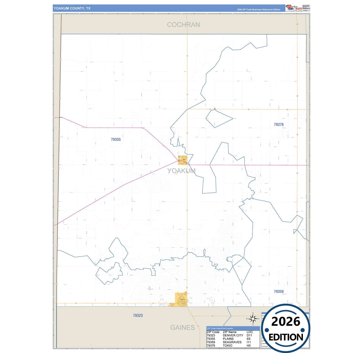 Yoakum County, TX Business Reference 5 Digit ZIP Code Wall Map