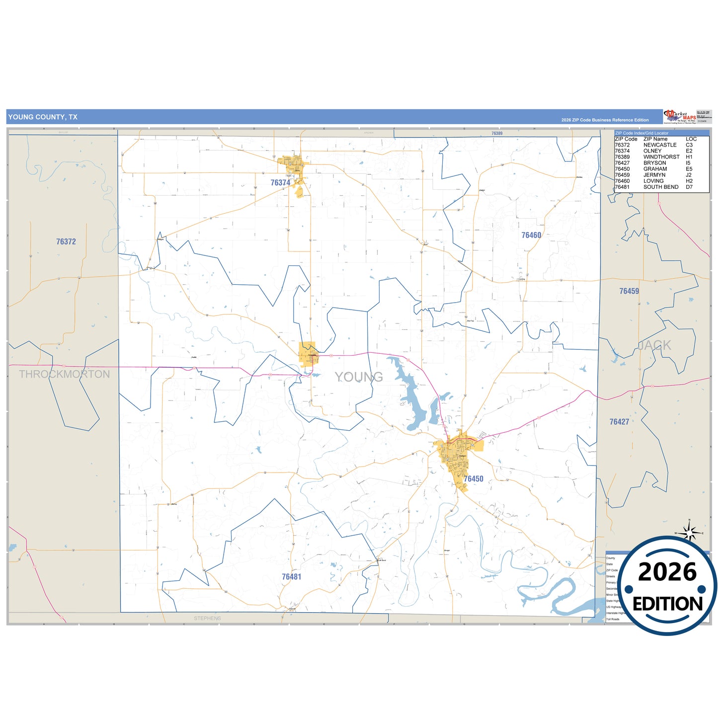 Young County, TX Business Reference 5 Digit ZIP Code Wall Map