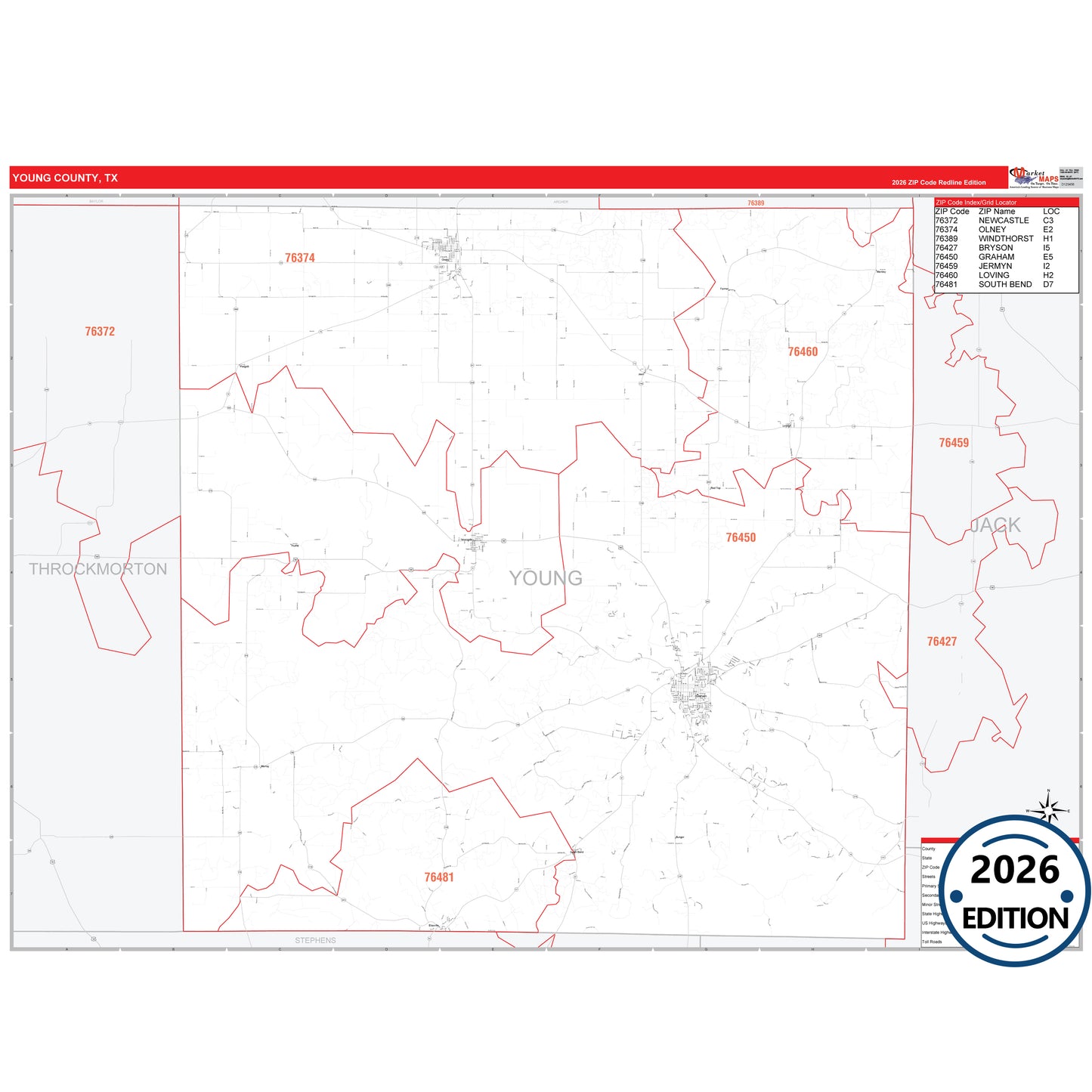 Young County, TX Red Line 5 Digit ZIP Code Wall Map