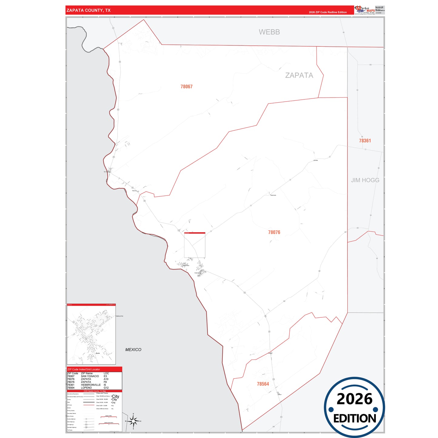 Zapata County, TX Red Line 5 Digit ZIP Code Wall Map