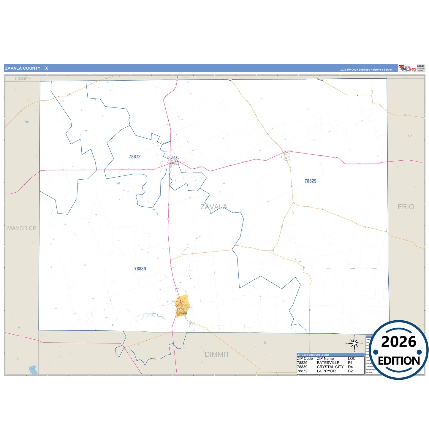 Zavala County, TX Business Reference 5 Digit ZIP Code Wall Map