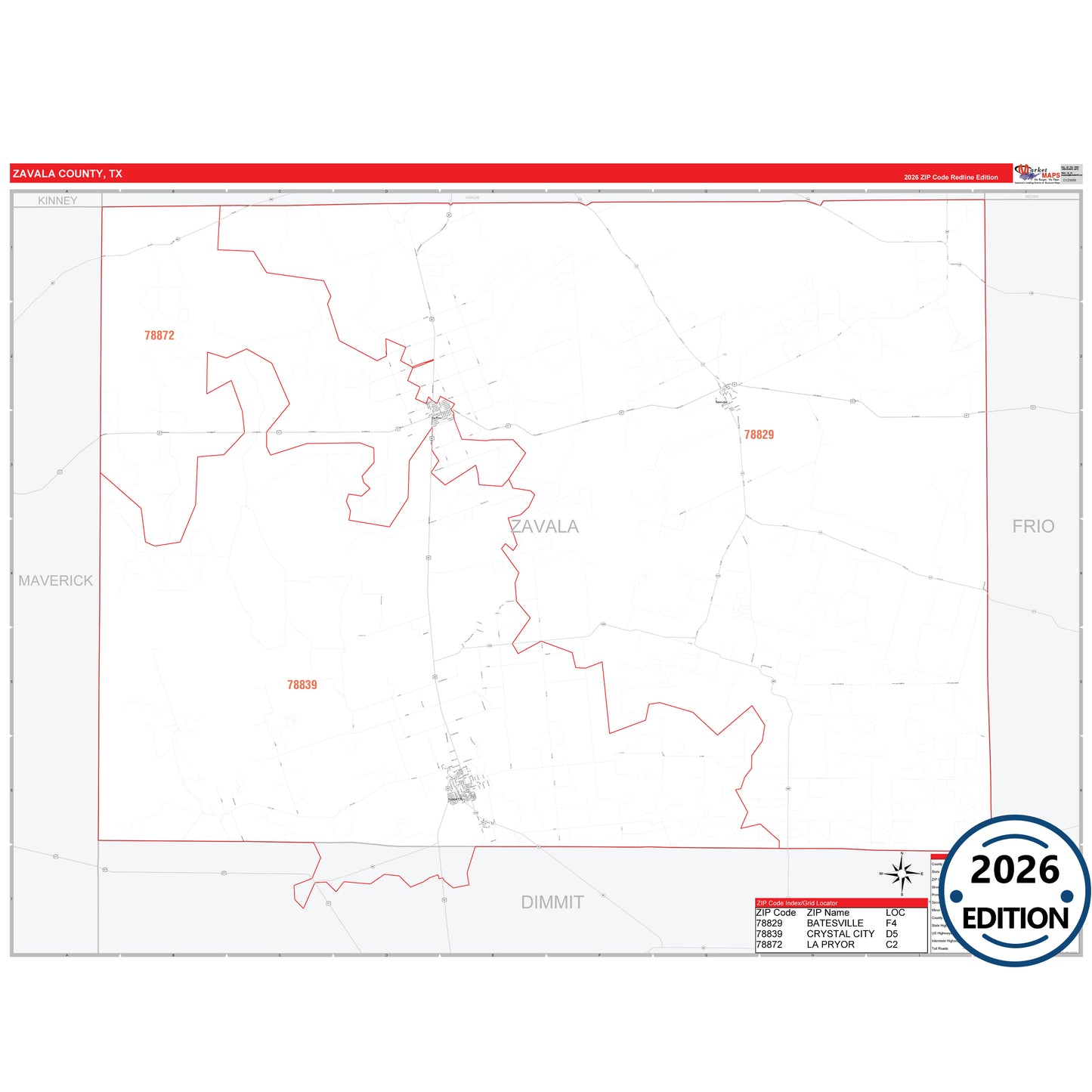 Zavala County, TX Red Line 5 Digit ZIP Code Wall Map