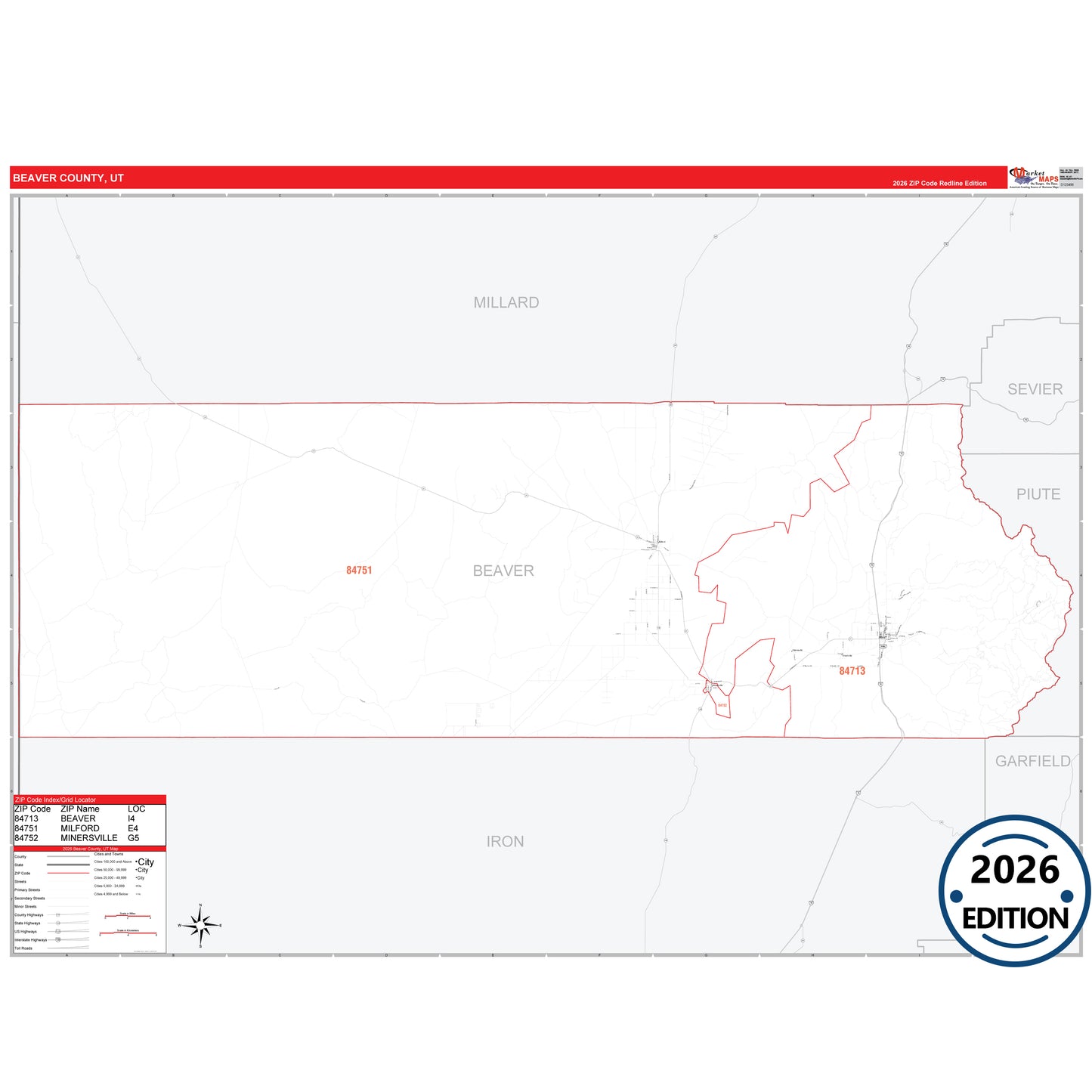 Beaver County, UT Red Line 5 Digit ZIP Code Wall Map