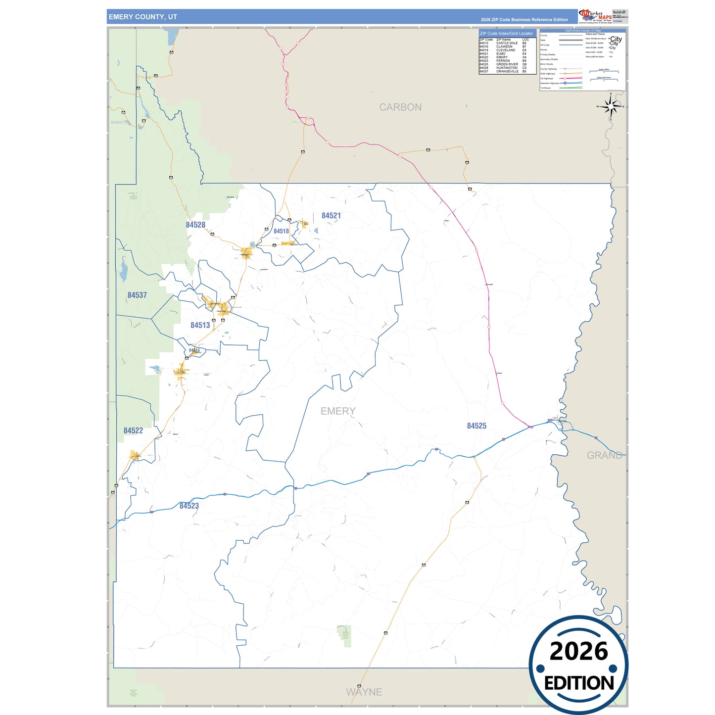 Emery County, UT Business Reference 5 Digit ZIP Code Wall Map