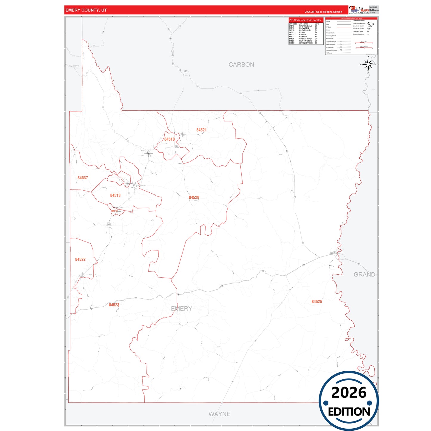 Emery County, UT Red Line 5 Digit ZIP Code Wall Map